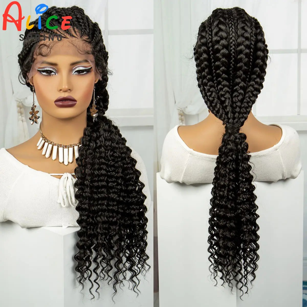 28" Colored Cornrow Braids Wig with Curly Ends | Lace Front | Baby Hair