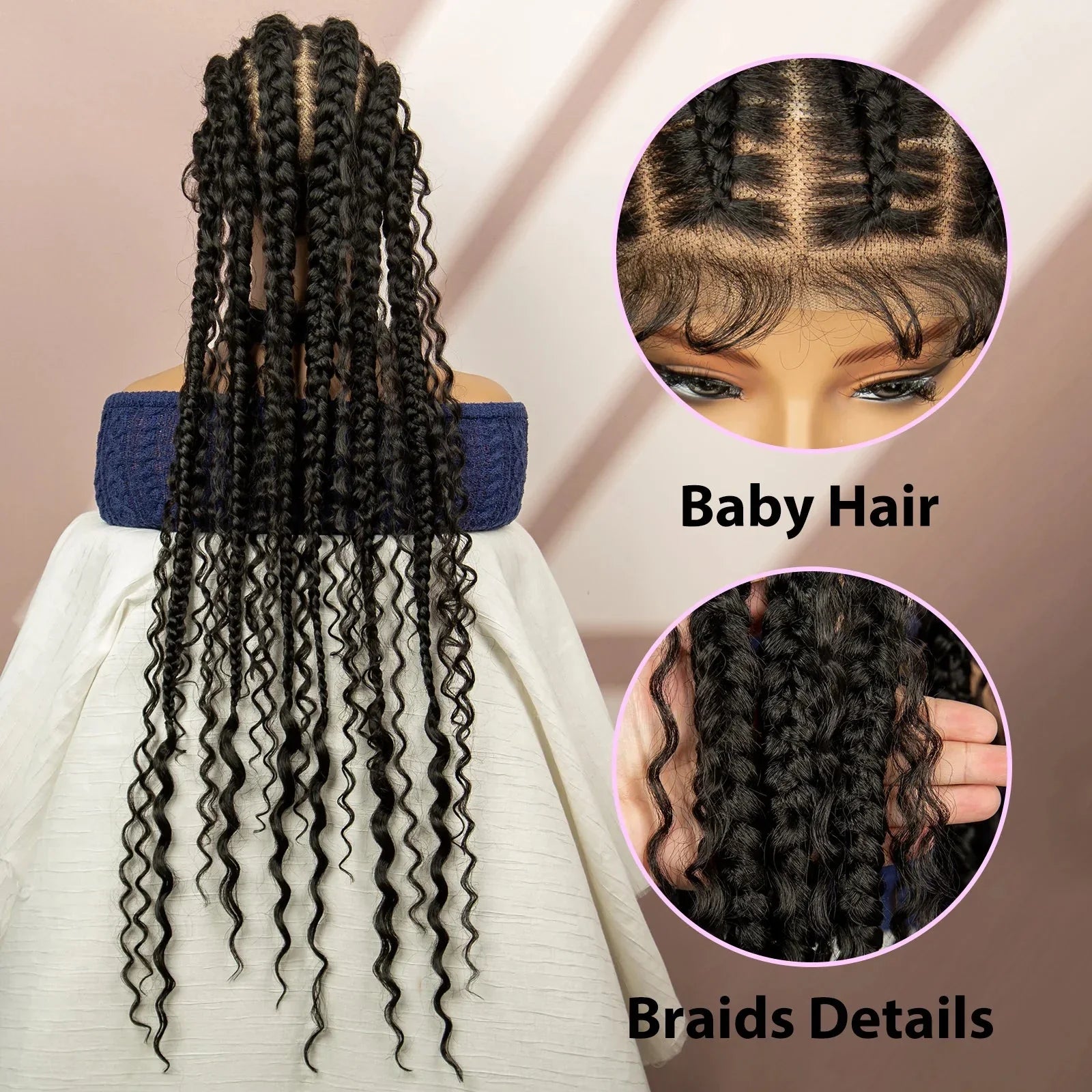 34" Cornrow Braided Wig | Full Lace | Baby Hair | Boho Braids | Kanekalon Synthetic