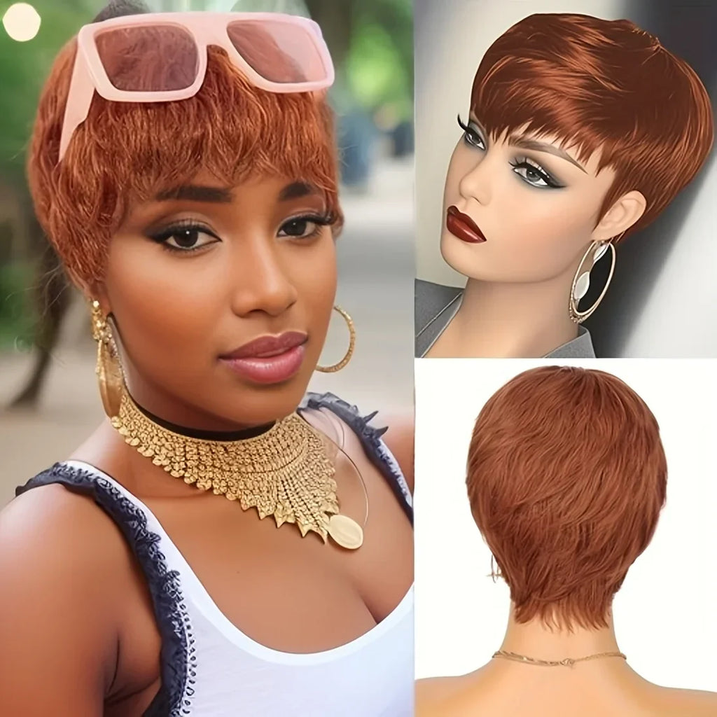 6 Inch Short Pixie Cut Straight Wig | 100% Human Hair for Women (Machine Made, Pre-Styled Bangs, Tangle-Free, Natural Hairline)