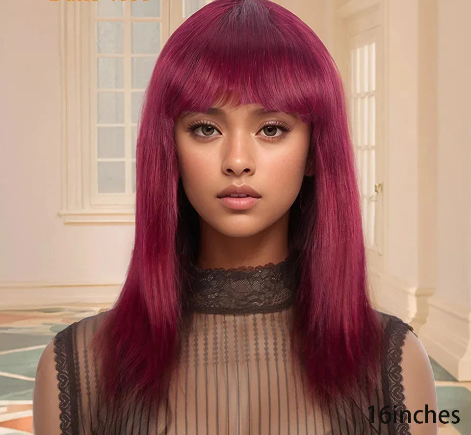 99J Wine Red Straight Bob Wig with Bangs | Full Machine Made Brazilian Remy Human Hair
