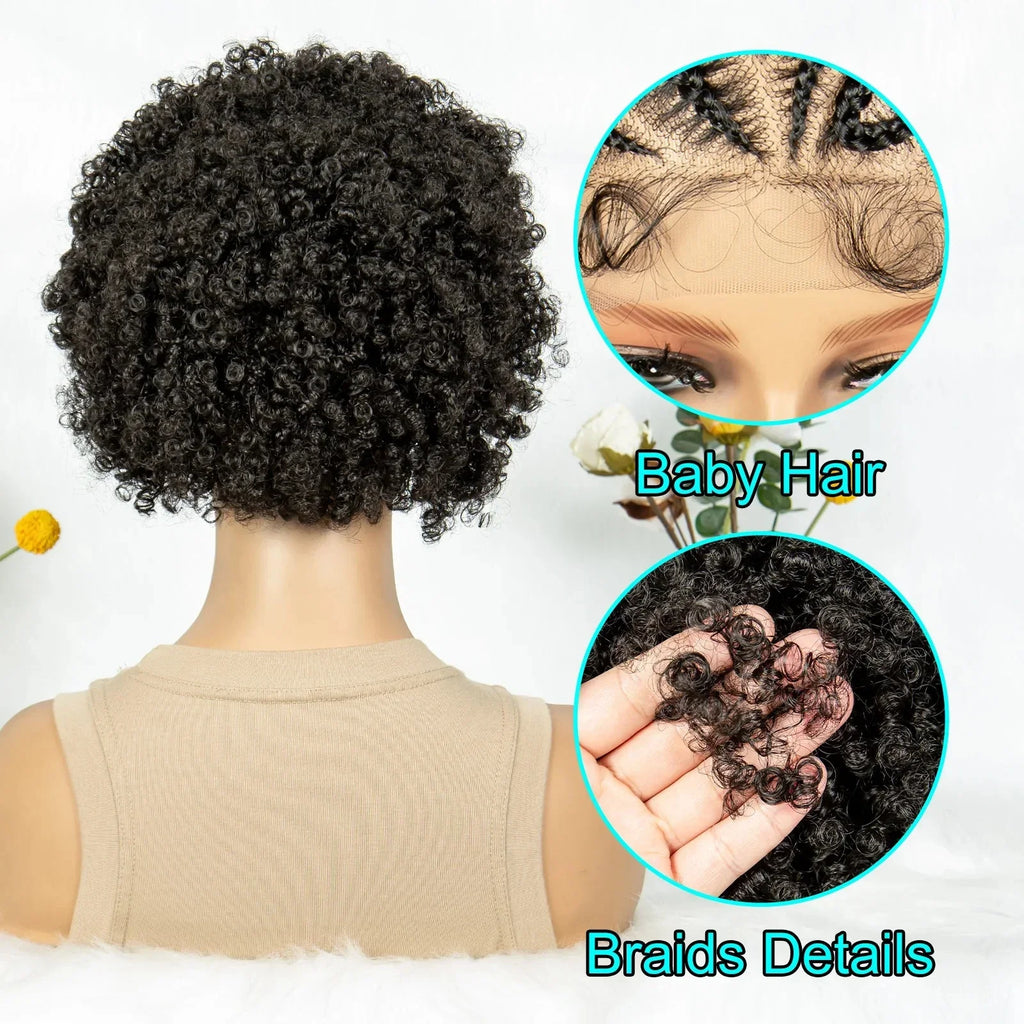 8" Afro Kinky Curly Bob Braided Wig | 13x4 Lace Frontal | Half Cornrows | Synthetic Braids for Black Women