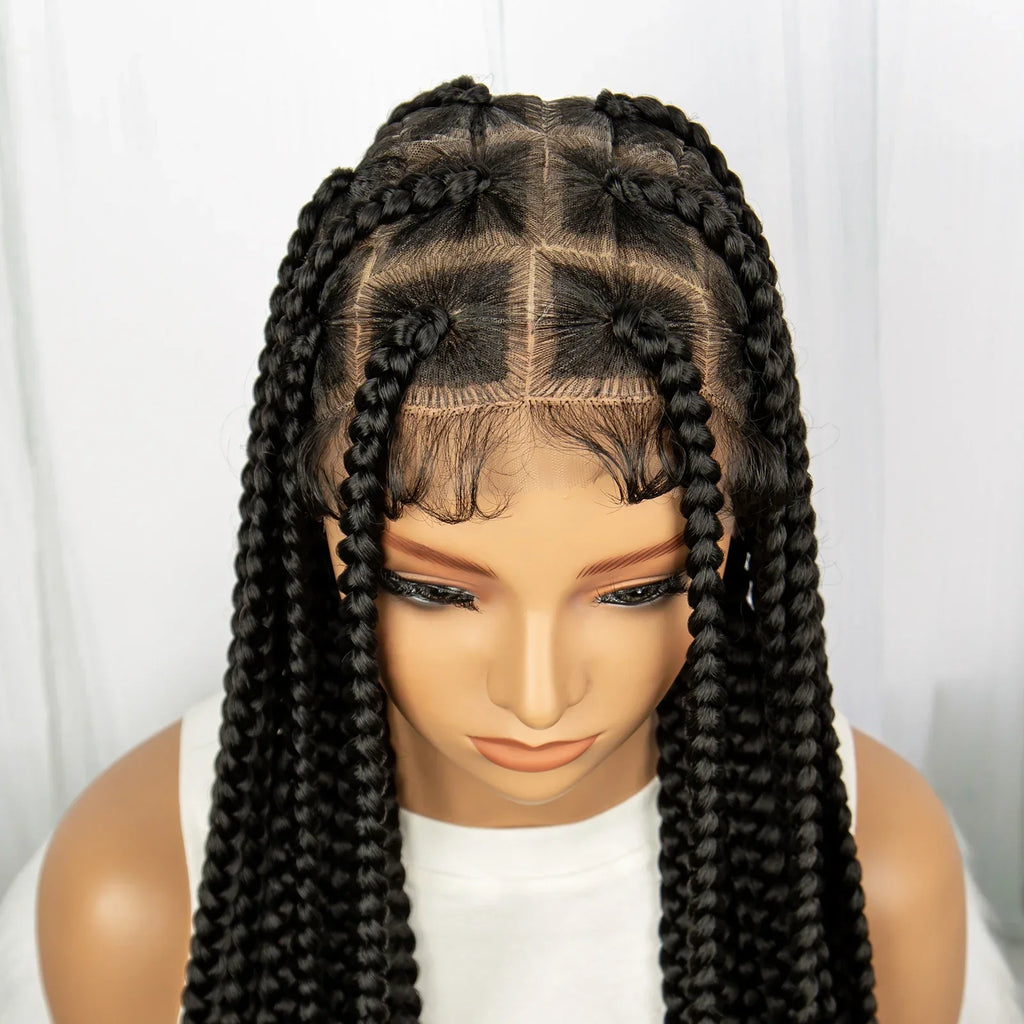 34" Knotless Box Braids Full Lace Wig | Long Black Synthetic Braids | Transparent Lace