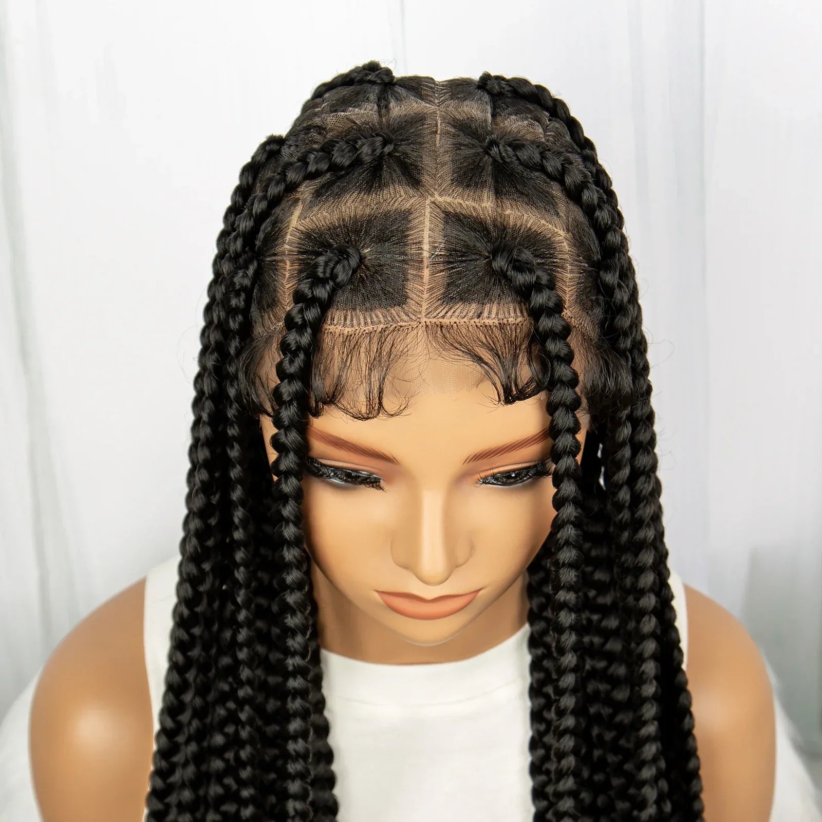 34" Knotless Box Braids Full Lace Wig | Long Black Synthetic Braids | Transparent Lace