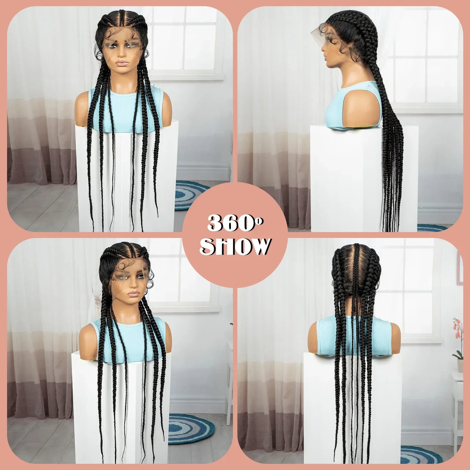 36" Full Lace Cornrow Braided Wig | Knotless Braids | Synthetic Natural Braided Lace Wig with Baby Hair for Black Women