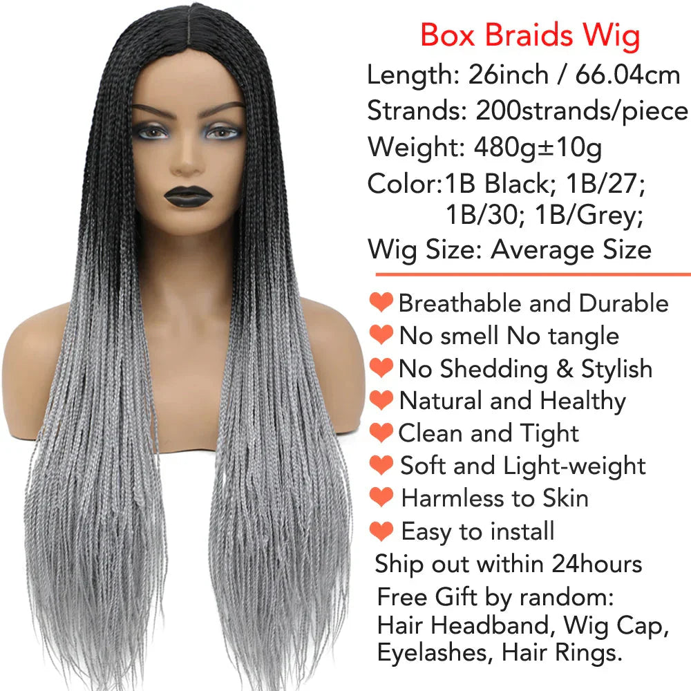 26" Ombre Box Braids Wig | Knotless | Crochet | 1B, 27, 30, Gray | Handmade