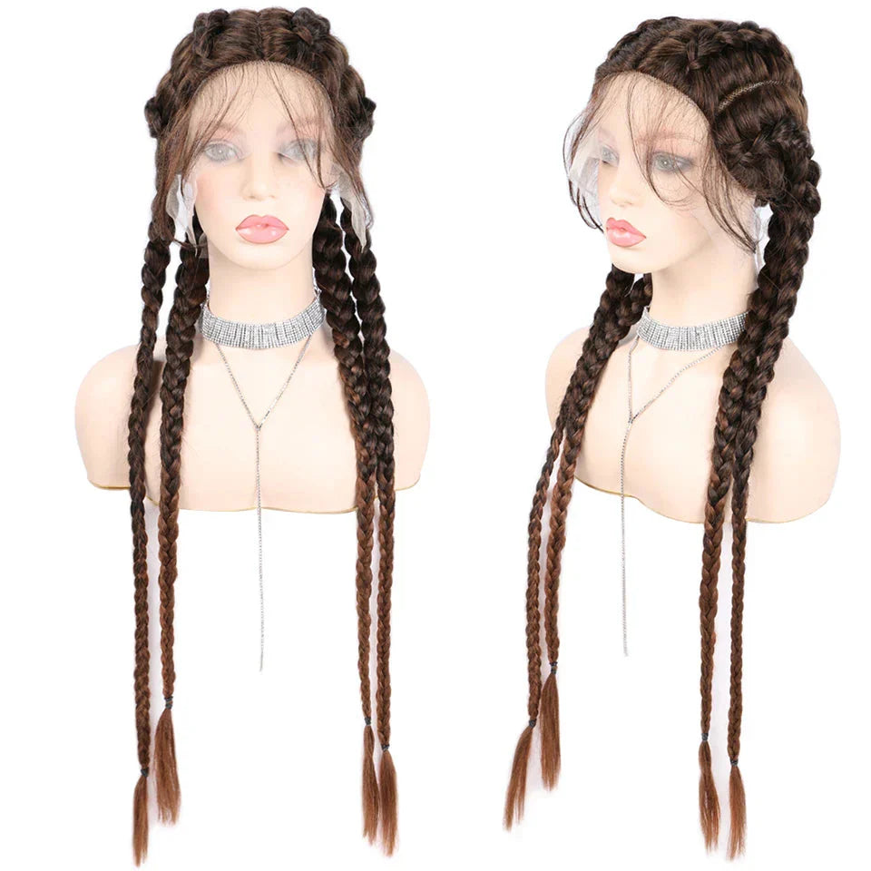 32" Hand-Made Knotless Box Braided Lace Front Wig | French Braid | Baby Hair | Glueless Synthetic Wig