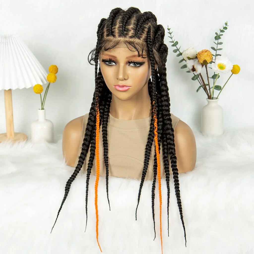 24" Orange Highlight Cornrow Braided Wig | Full Lace Synthetic Wig for Black Women | High-Temp Fiber | Daily Wear