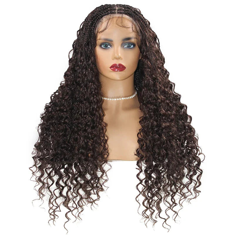 24" Boho Box Braids Lace Frontal Wig | Deep Wave Goddess Braids | Curly Ends | Black Full Lace Synthetic Wig