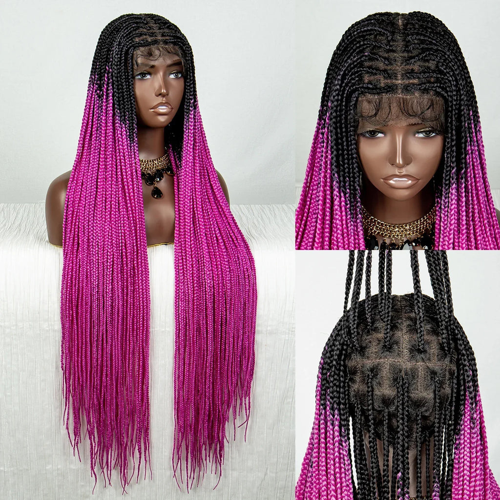 34" Ombre Straight Cornrow Box Braids Full Lace Wig - Long Synthetic Knotless Braids