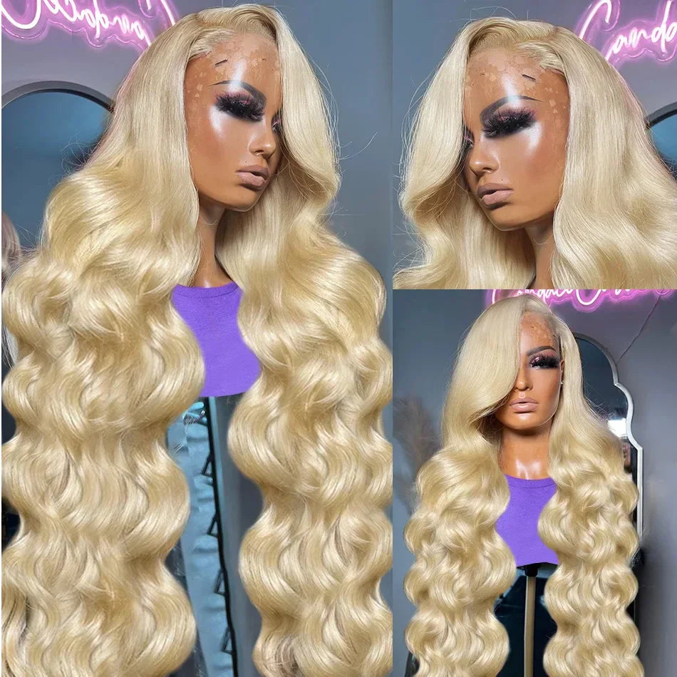 250% Density 30/40 Inch 613 Honey Blonde Body Wave 13x6 HD Transparent Lace Frontal Wigs Brazilian Remy Human Hair