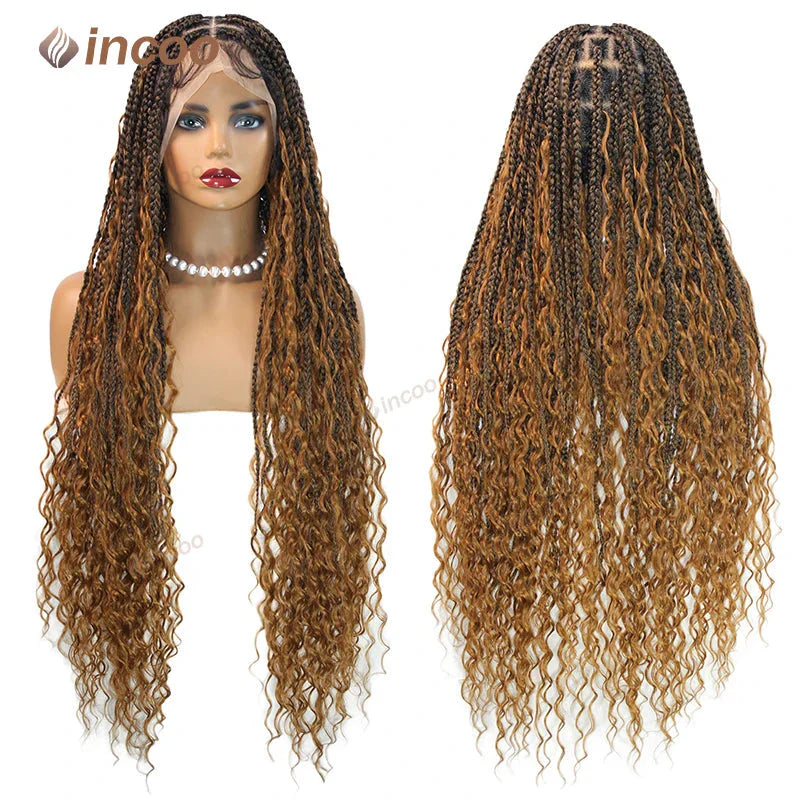 36" Boho Curly Box Braided Lace Wig | Knotless Cornrows | Synthetic Braids for Black Women