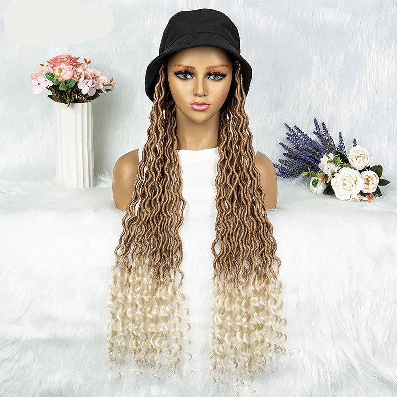 30" Crochet Afro Dreadlocks Bucket Hat Wig | Synthetic Braided Hair | Curly Ends | Black Women