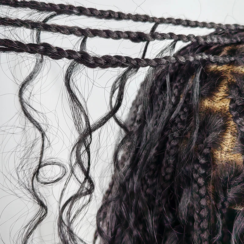 24" Boho Box Braids Lace Frontal Wig | Deep Wave Goddess Braids | Curly Ends | Black Full Lace Synthetic Wig