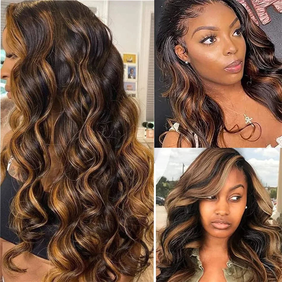 30 Inch Honey Blonde Highlight Body Wave Wig | 13x4 Transparent Lace Front Brazilian Human Hair