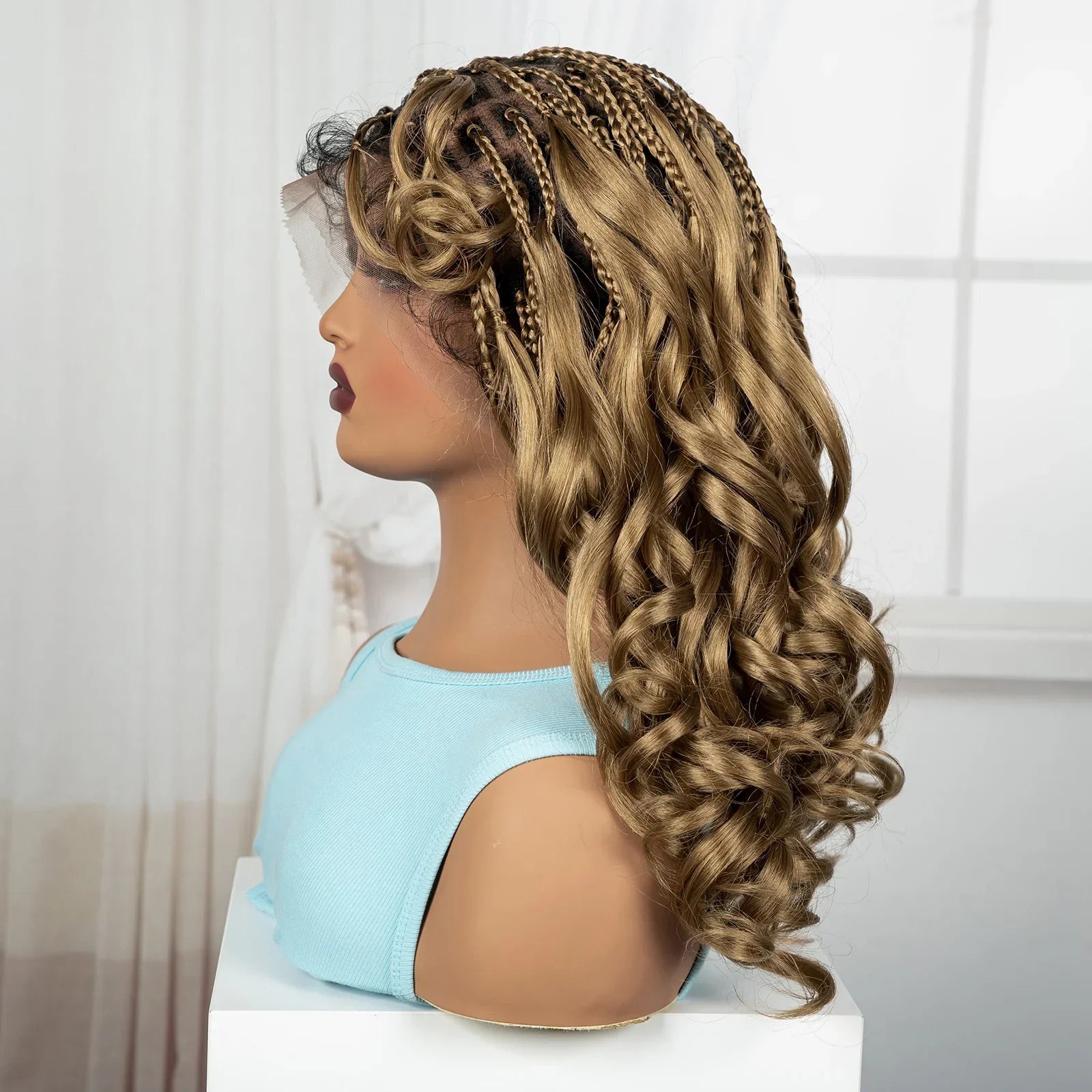 18" Bouncy Wavy Knotless Braids Wig | Full Lace | Bangs | Baby Hair