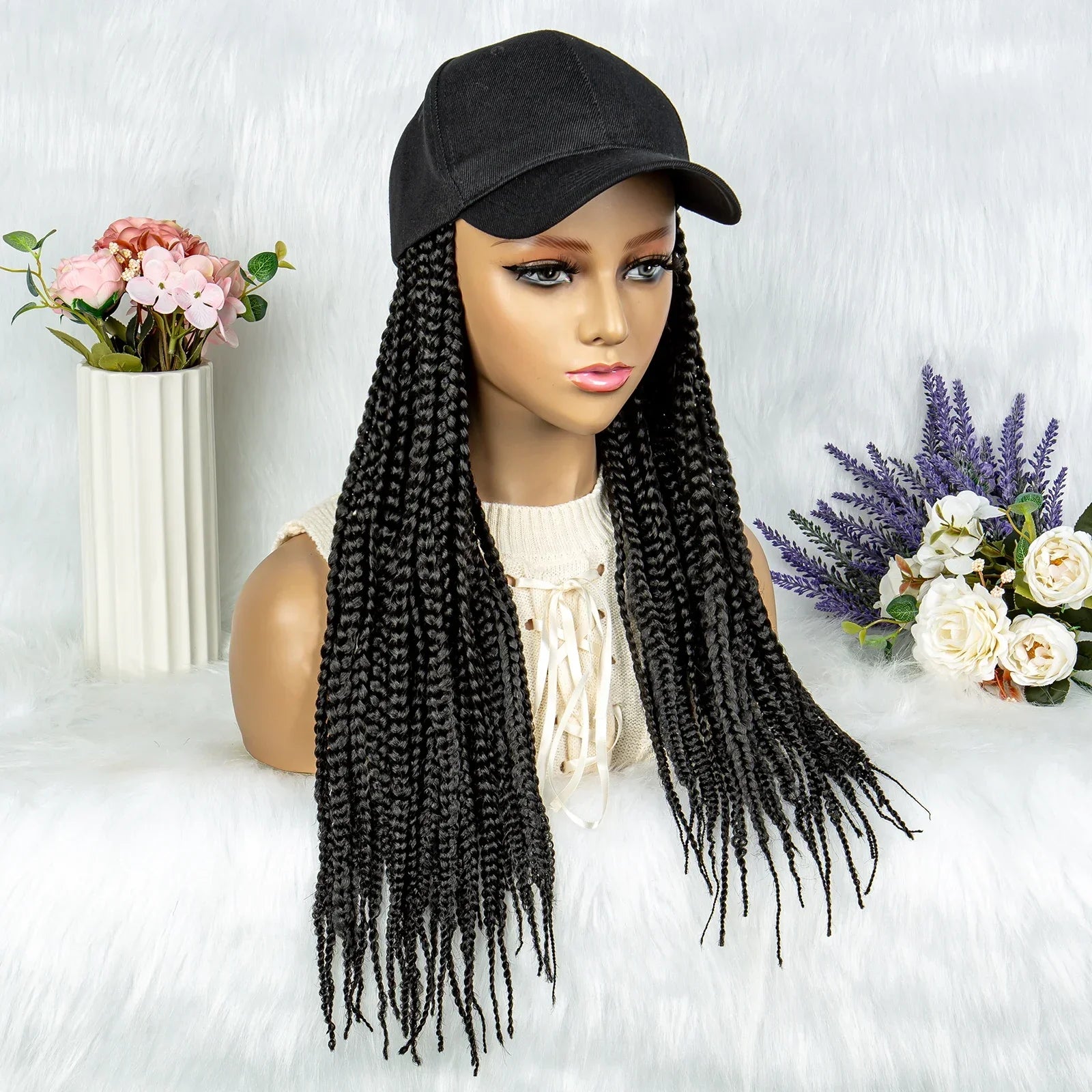 20" Box Braids Baseball Cap Wig | Afro Black Women | Adjustable Hat Wig
