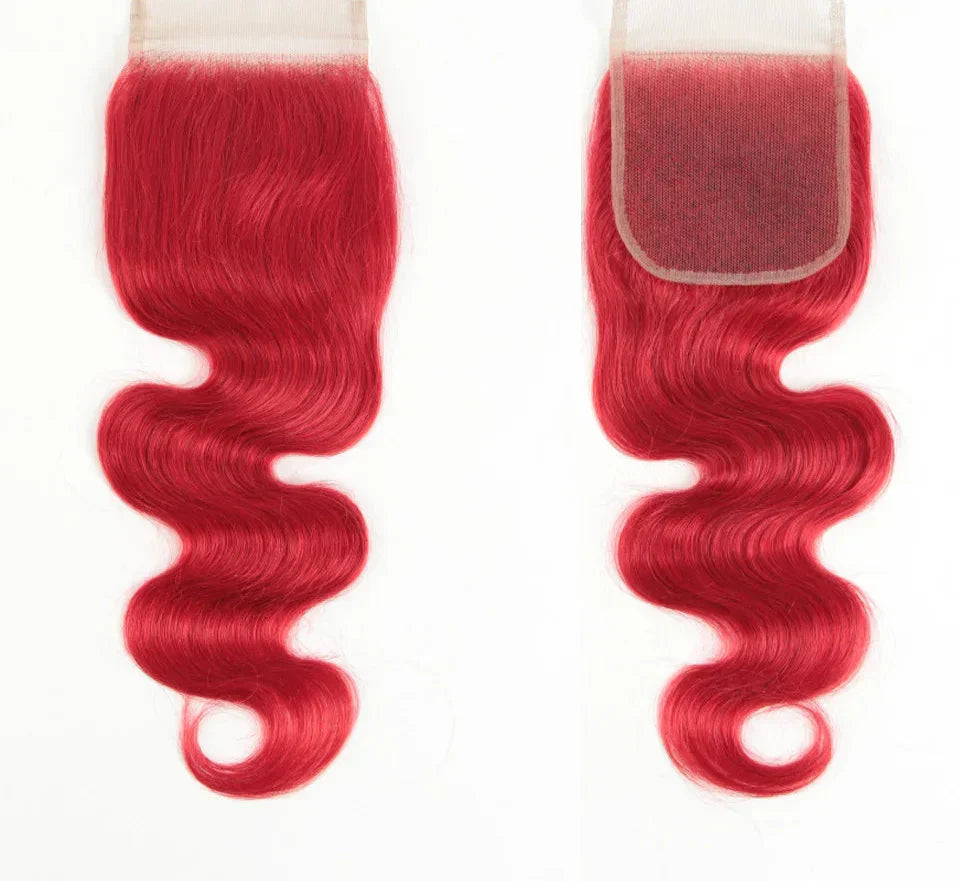 180% Density Red Straight 4x4 Lace Closure | 100% Brazilian Human Hair (Pre-Plucked, Transparent Swiss Lace)