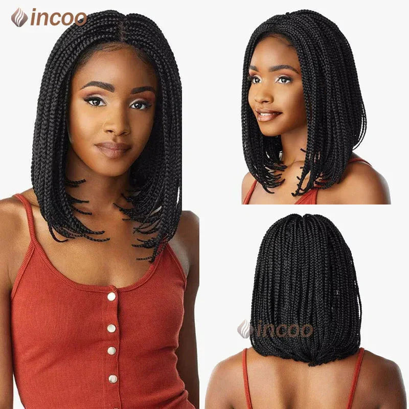 10" Short Bob Box Braided Wig | 360 Full Lace | Cornrow Accents | Synthetic Braids for Black Women