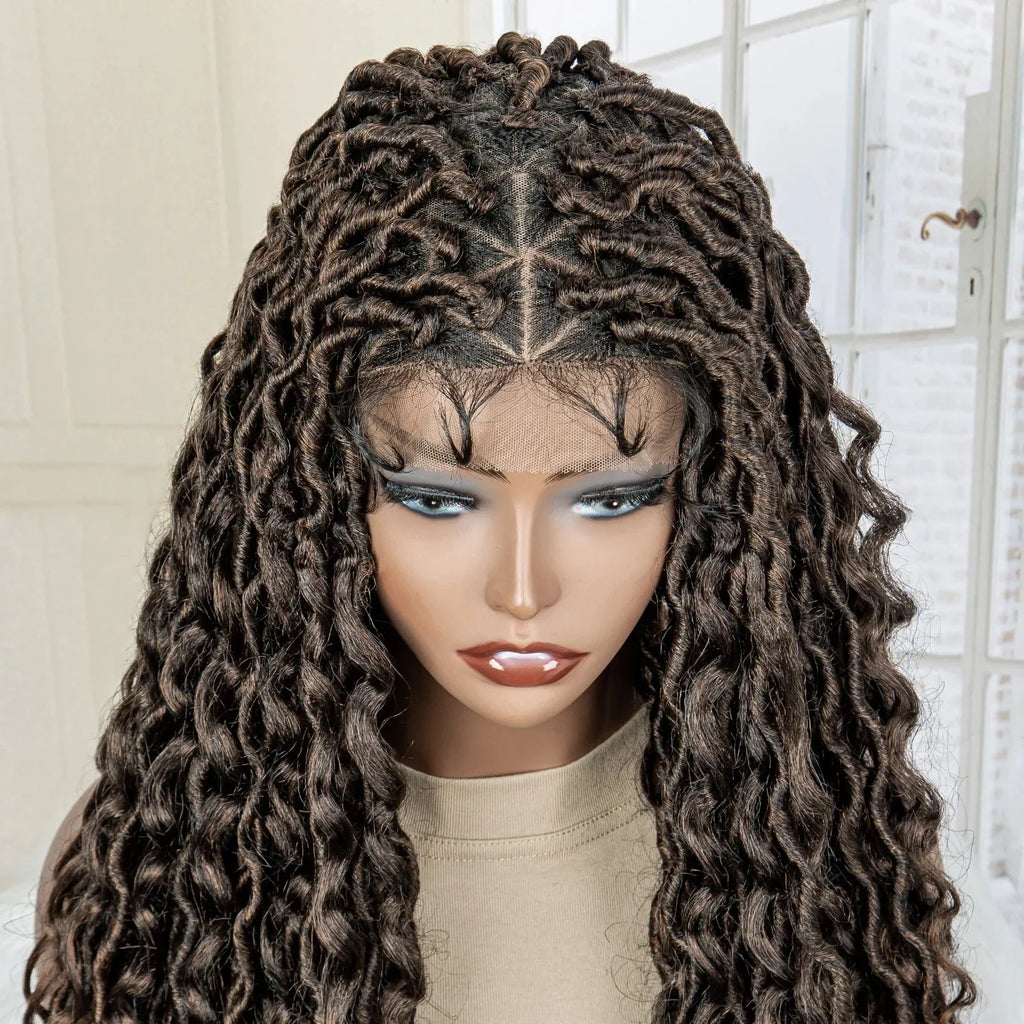 36" Knotless Dreadlock Braided Full Lace Wig | Curly Ends | Synthetic Locs Braids | Black Women