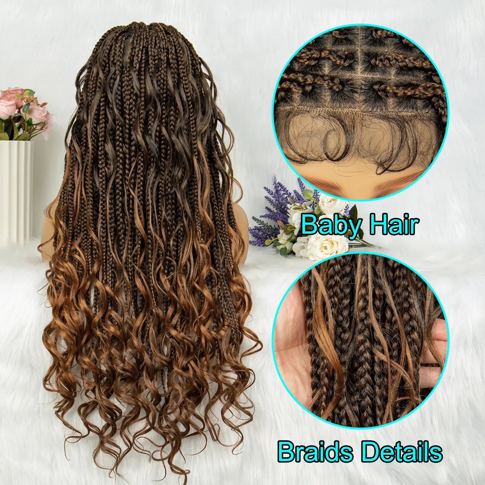 34" Full Lace Knotless Braided Wig with Baby Hair | Synthetic Lace Front Wig for Black Women | Long Braids