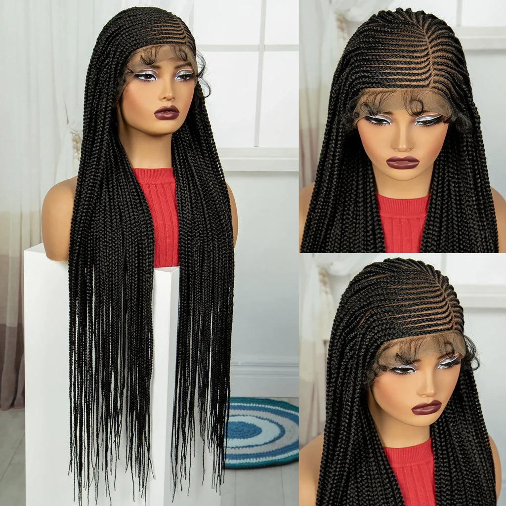 36" Cornrow Braided Full Lace Frontal Wig | Knotless Braids | Synthetic Braided Wig with Baby Hair for Black Women