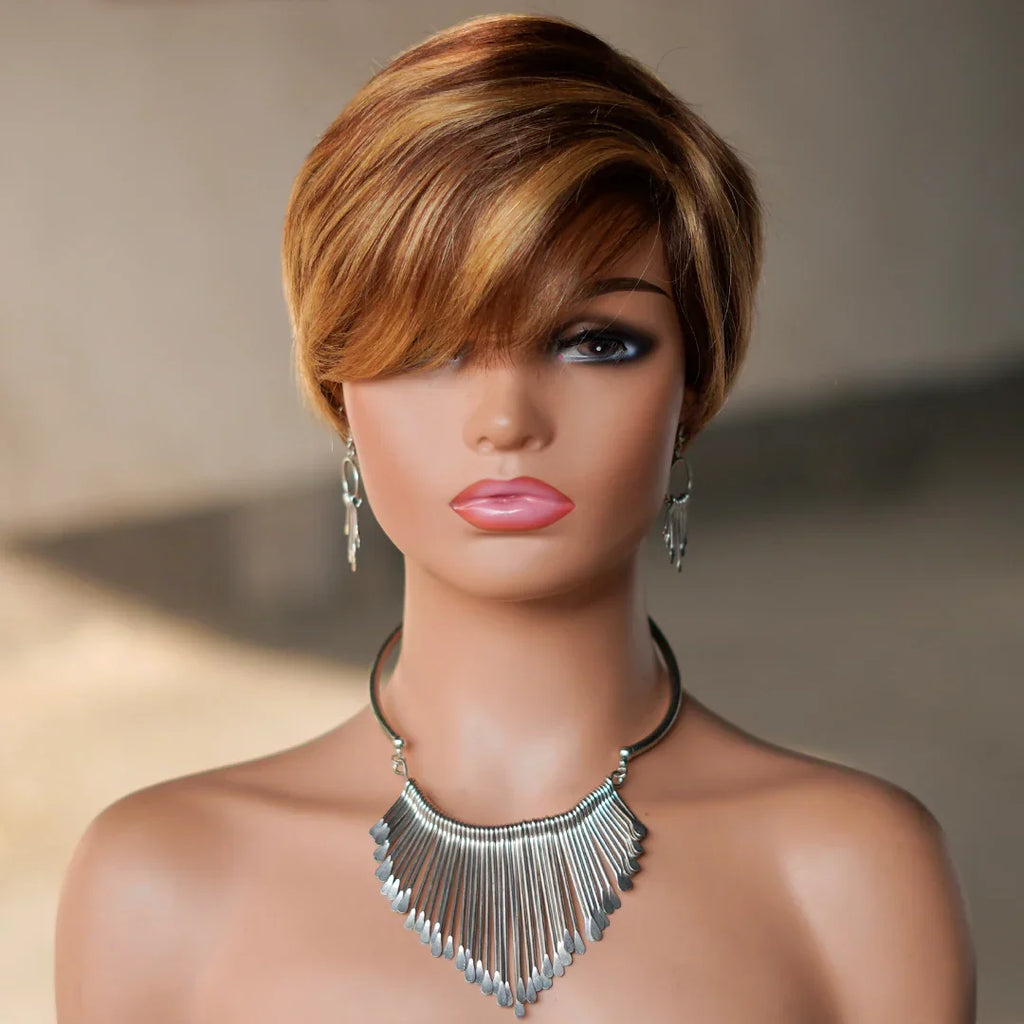 6 Inch Pixie Cut Human Hair Wig with Bangs | P4/27 Natural Highlight | Short Straight Remy Hair