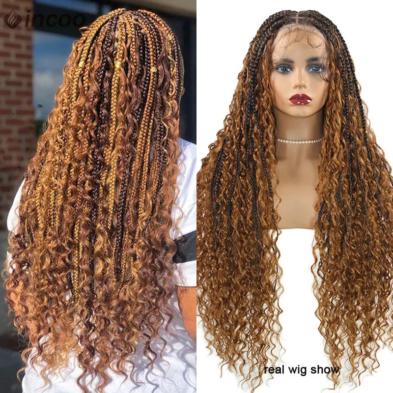 613 Blonde Boho Box Braids Wig | Curly Ends | Full Lace Front | Goddess Locs Accents