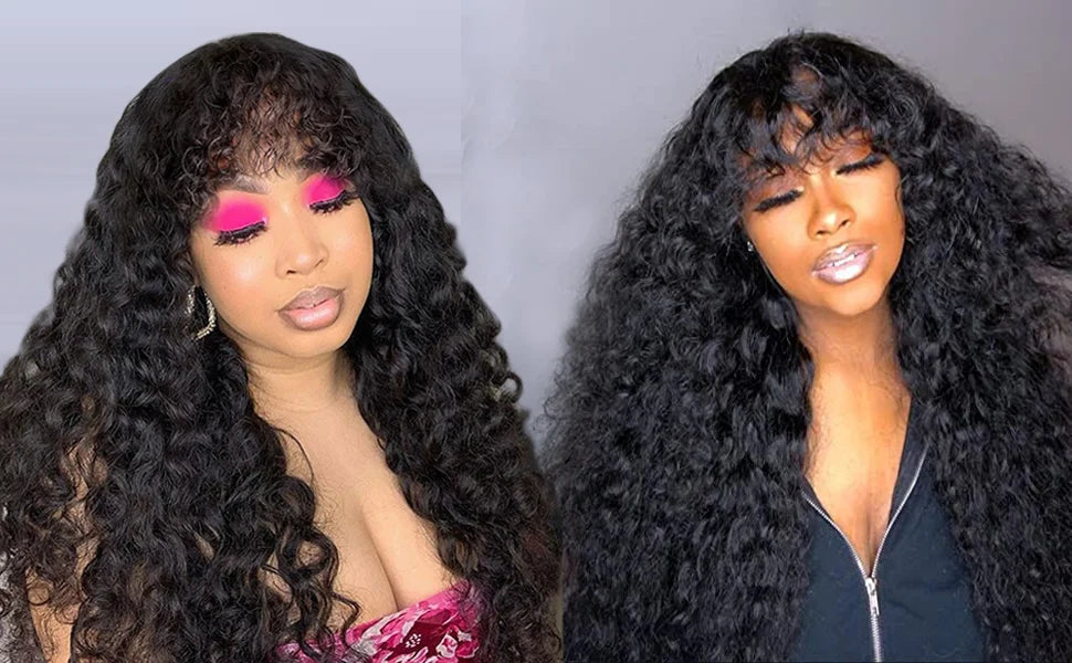 30 Inch Loose Water Wave Wig with Bangs | Full Machine Made Brazilian Remy Human Hair (Natural, All Colors Dyeable)