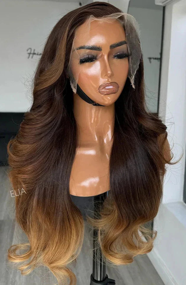 32 Inch Ombre Brown Body Wave Wig | 13x4 Transparent Lace Front Peruvian Remy Human Hair (High Quality, On Sale)