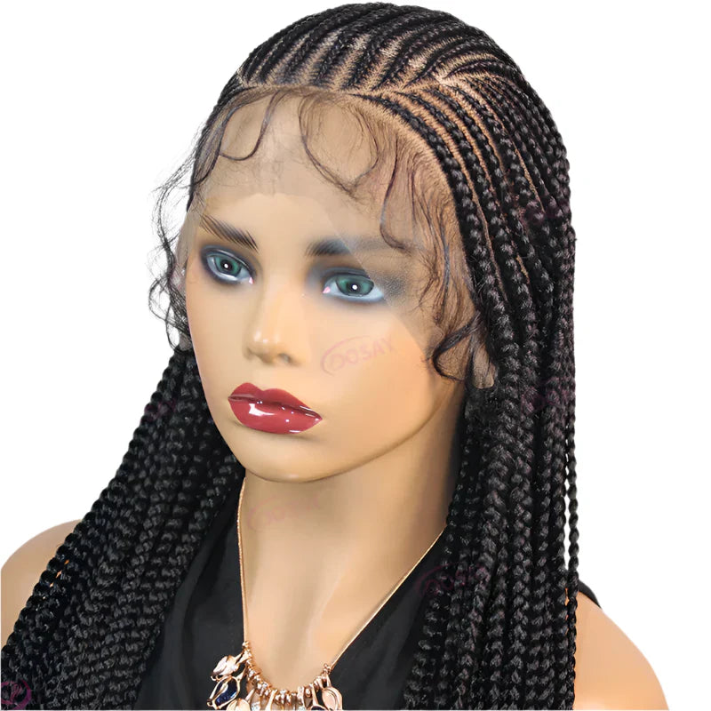 36" Cornrow & Knotless Box Braids Wig | Full Lace | Light Brown Lace | Synthetic Hair