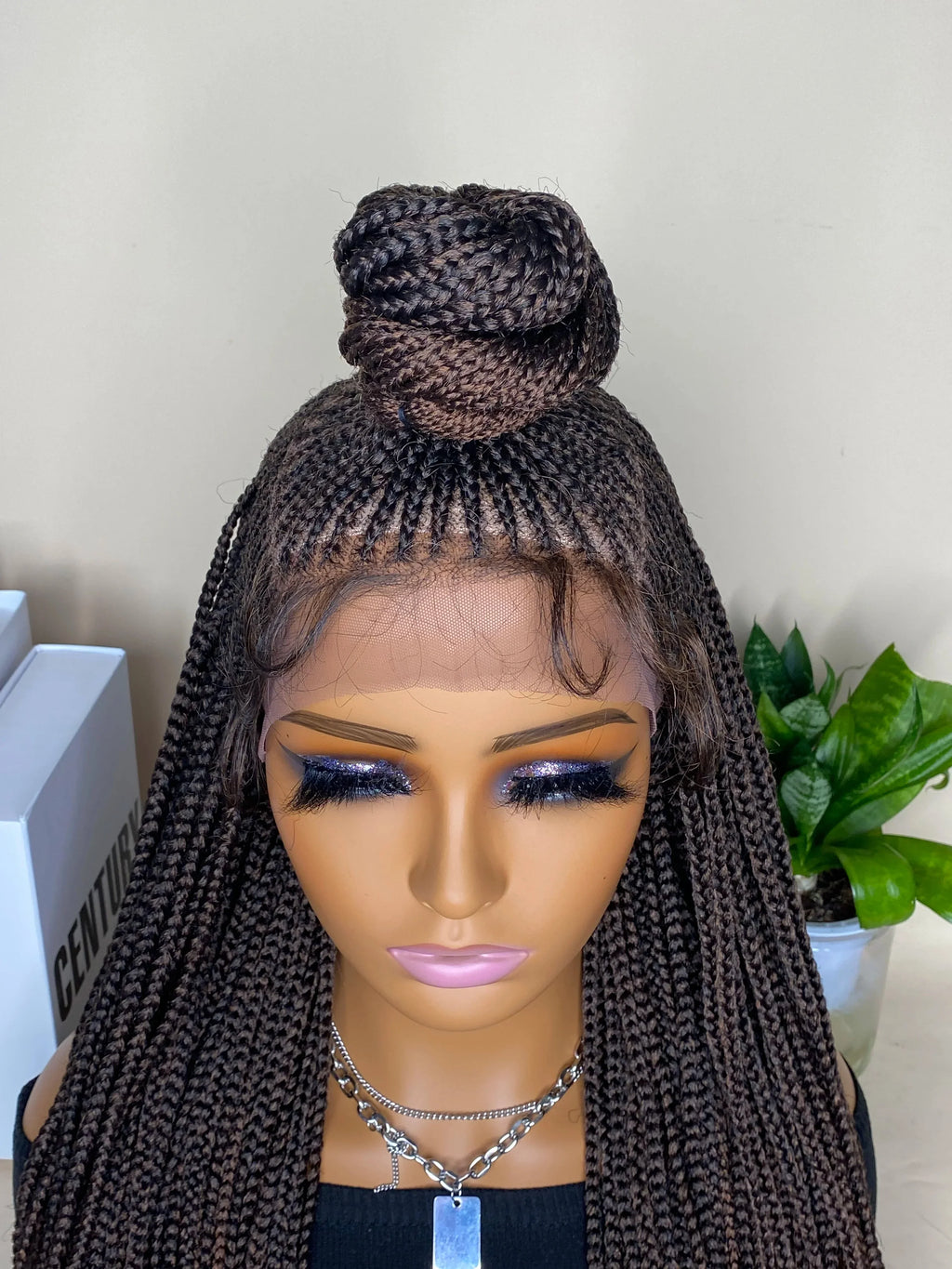 30" Bun Box Braid Lace Front Wig | 13x7" Cornrow Braids | Brown Synthetic Wig | Black Women