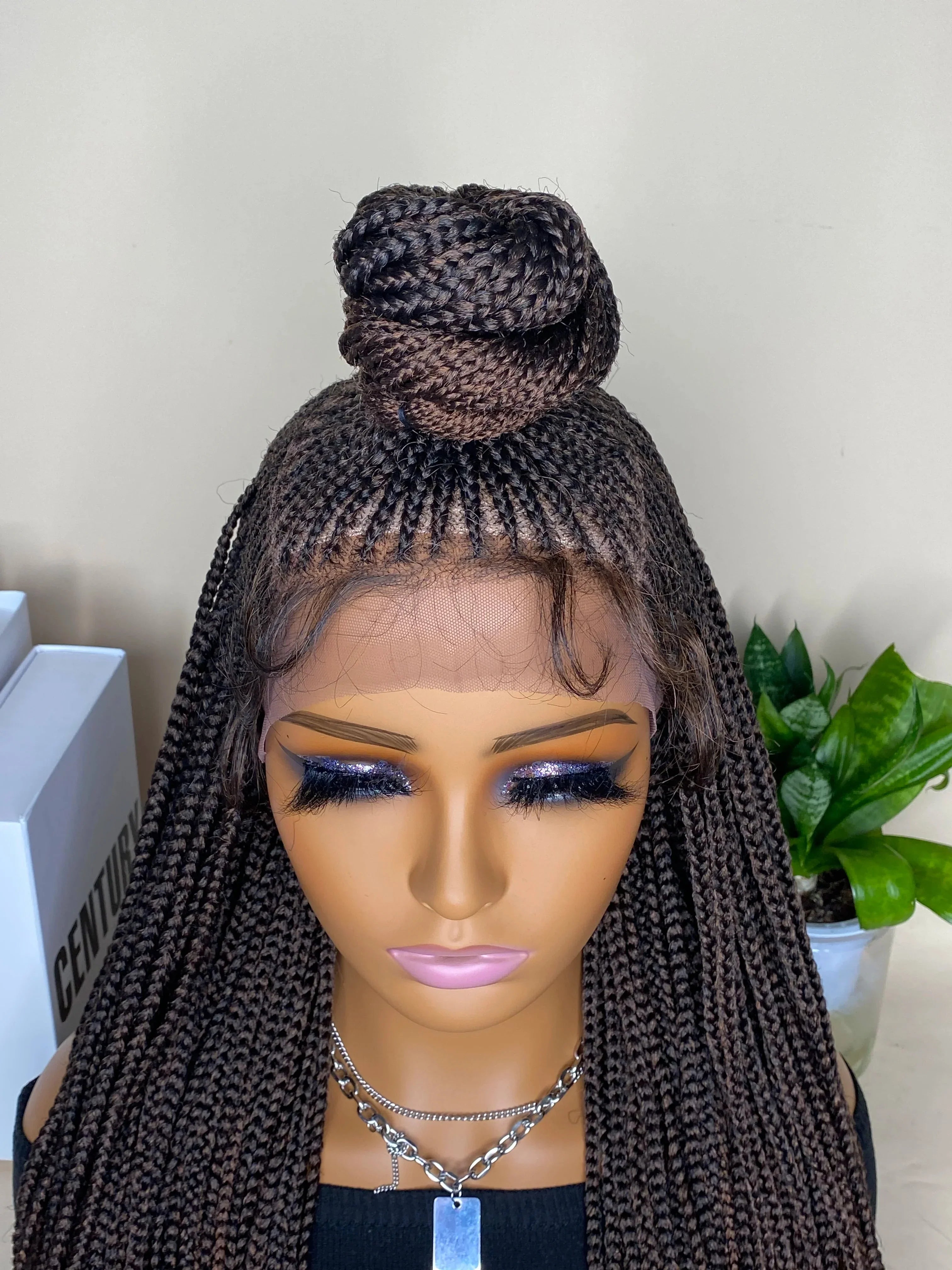 30" Bun Box Braid Lace Front Wig | 13x7" Cornrow Braids | Brown Synthetic Wig | Black Women