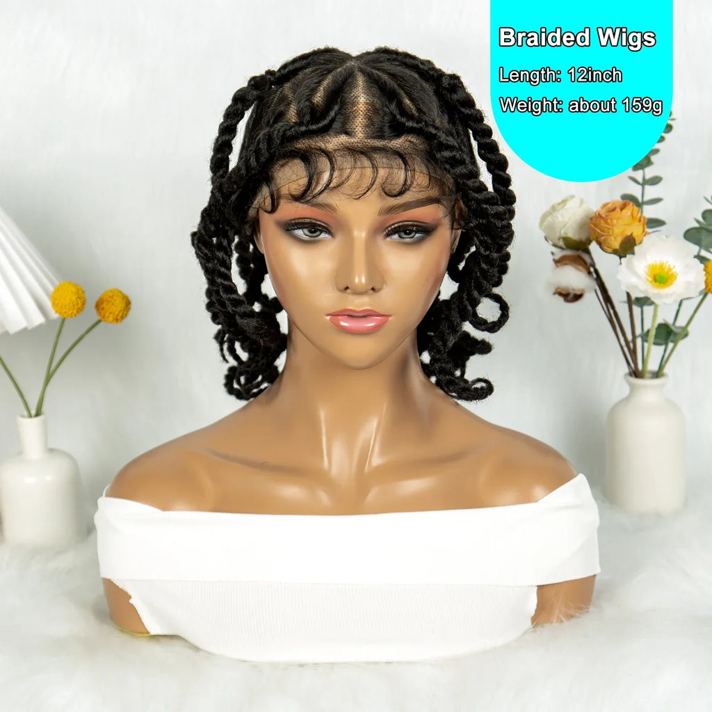 12" Short Box Braided Full Lace Wig | Crochet Braids | Baby Hair | Synthetic Braiding Wig