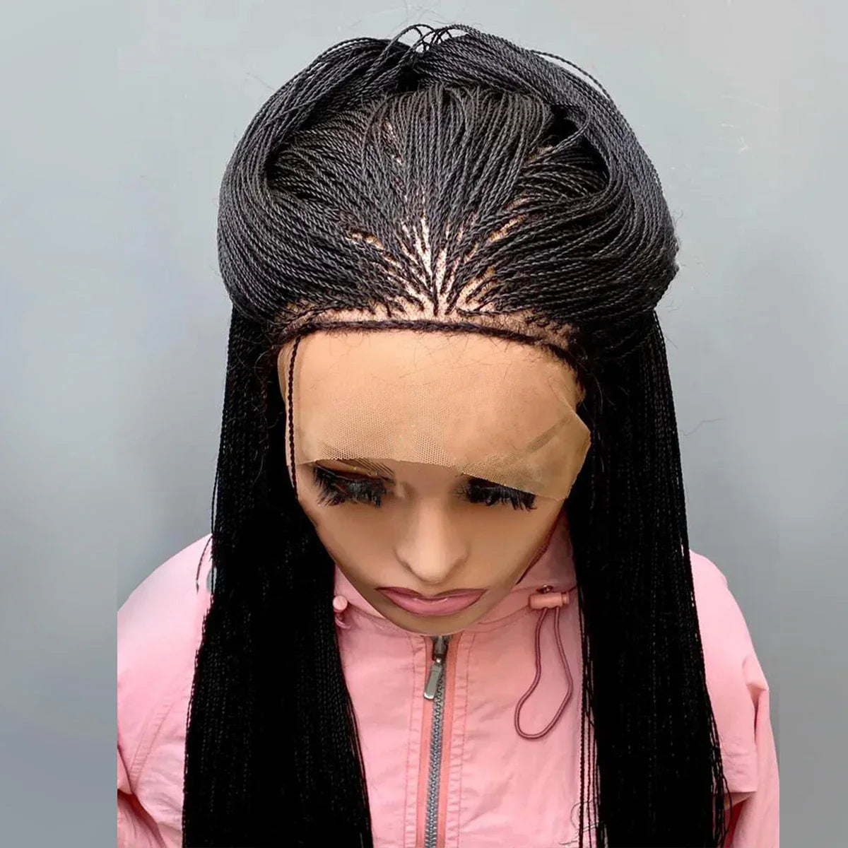 28" Micro Twist Braided Wig | 1B Black | Front Lace | Glueless | Petite Cap | For Black Women