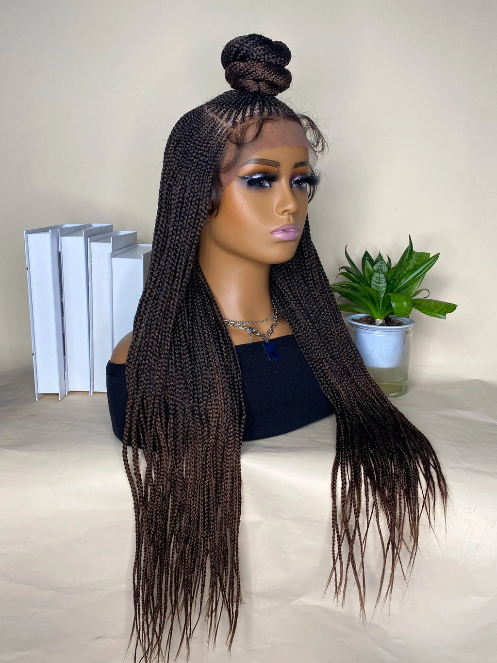 30" Bun Box Braid Lace Front Wig | 13x7" Cornrow Braids | Brown Synthetic Wig | Black Women