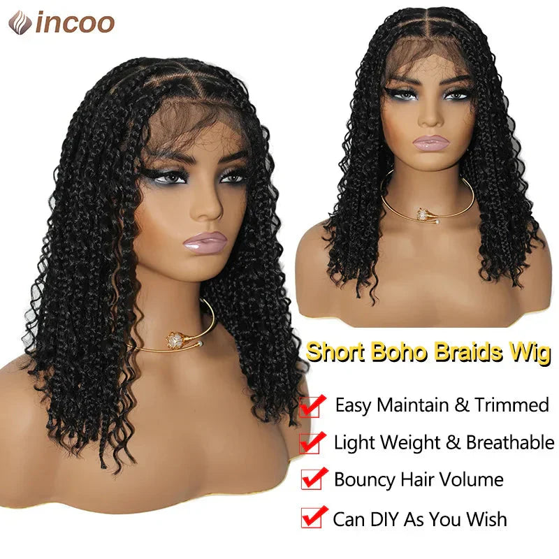 12" Boho Box Braid Lace Front Wig | Knotless | Curly Ends | Pre-Plucked | Synthetic Summer Wig