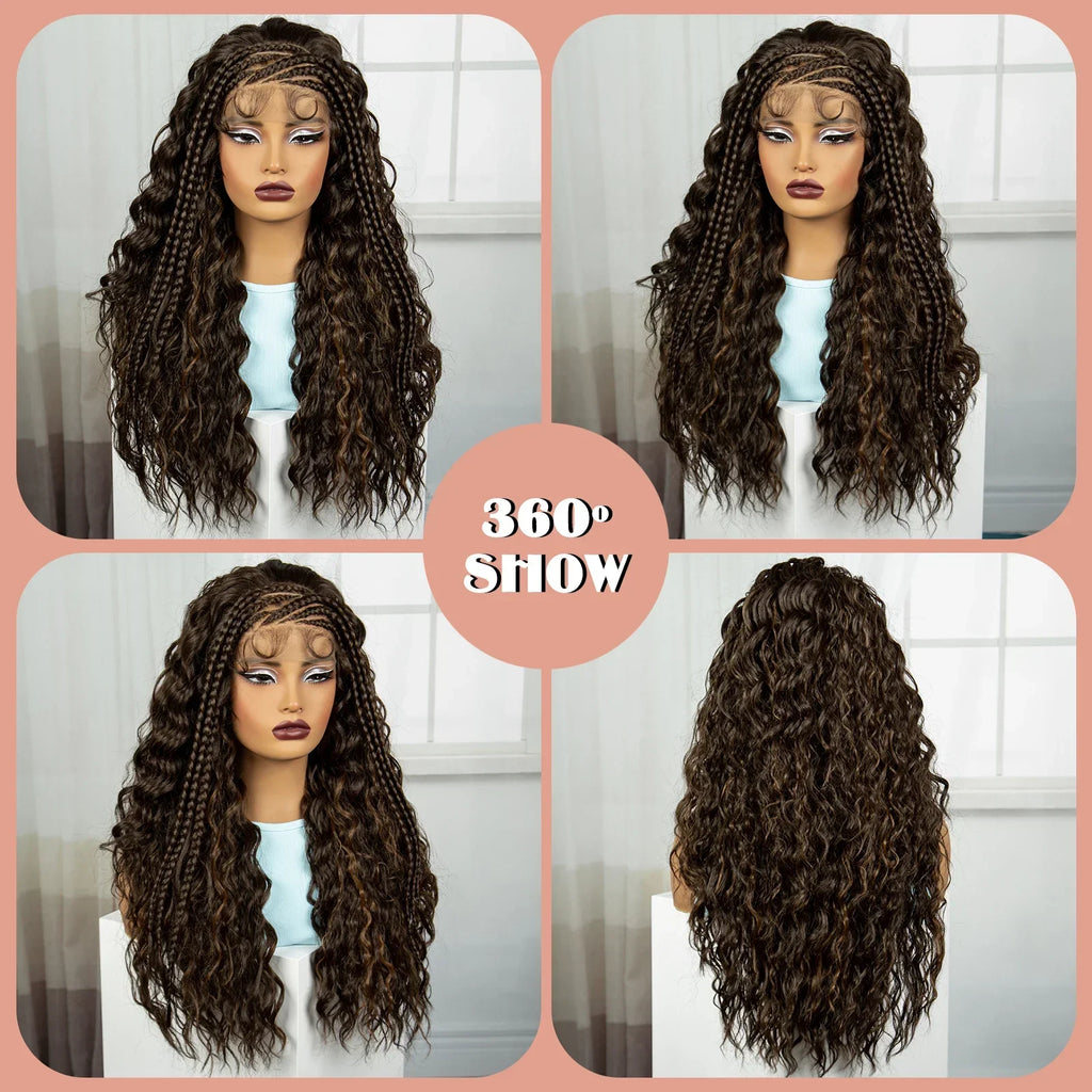 26" Water Wave Knotless Box Braided Wig with Baby Hair | Synthetic Lace Braided Wig for Black Women | 4-30 Ombre
