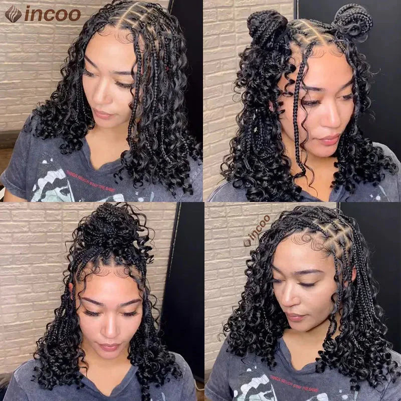 12" Boho Bob Braided Wig | Goddess Knotless Braids | 360 Full Lace | Curly Ends | Baby Hair