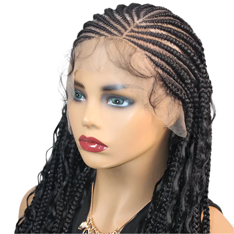 36" Boho Knotless Box Braids Wig | Full Lace | Cornrows & Curly Ends | Synthetic Braided Wig