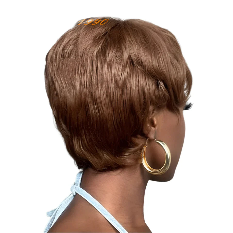 #4 Brown Pixie Short Cut Wig with Bangs | Straight Human Hair Full Machine Made
