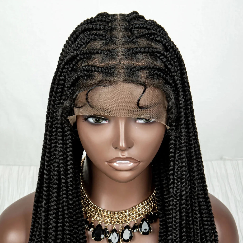 36" Full Lace Box Braided Cornrow Wig | Long Straight Braids | Baby Hair | Synthetic Afro Braiding Wig