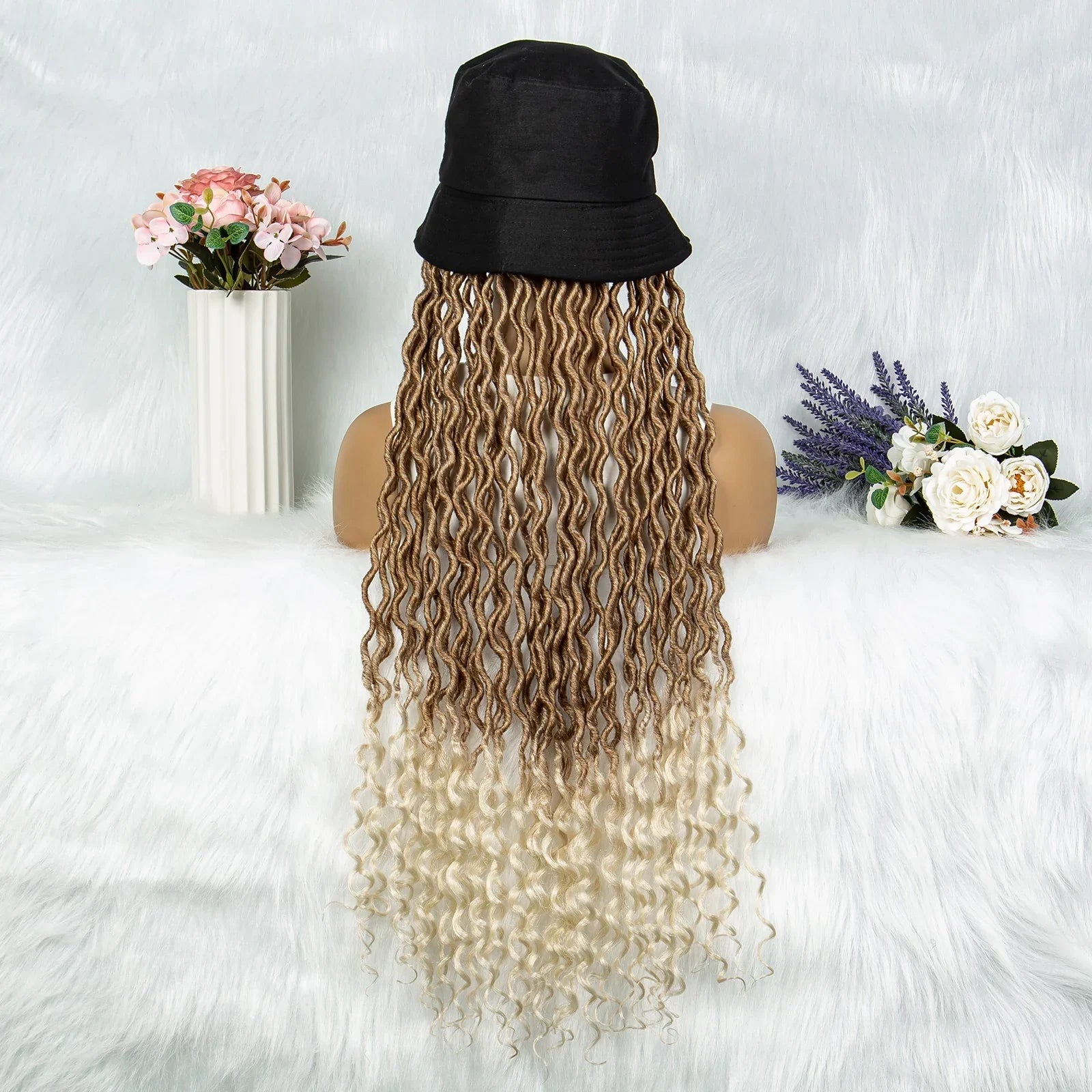 30" Crochet Afro Dreadlocks Bucket Hat Wig | Synthetic Braided Hair | Curly Ends | Black Women