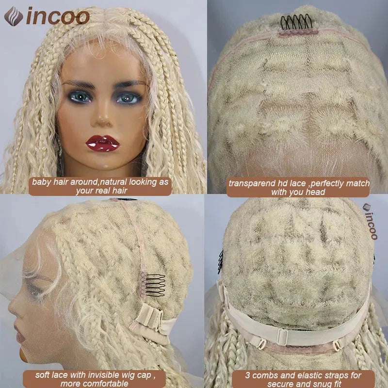 613 Blonde Boho Box Braids Wig | Curly Ends | Full Lace Front | Goddess Locs Accents