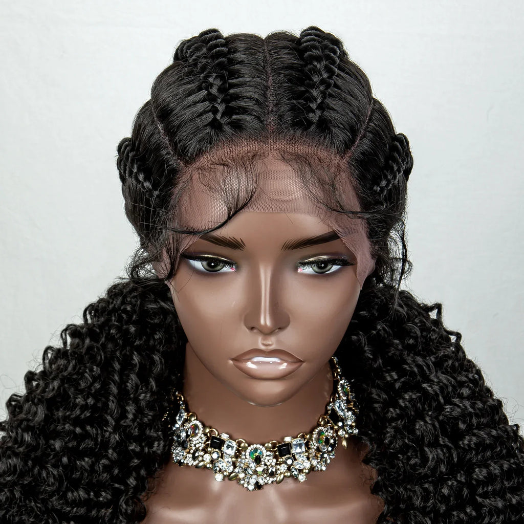 22" Box Braids Full Lace Wig | Two Curly Ponytails | Baby Hair | Synthetic Braided Wig