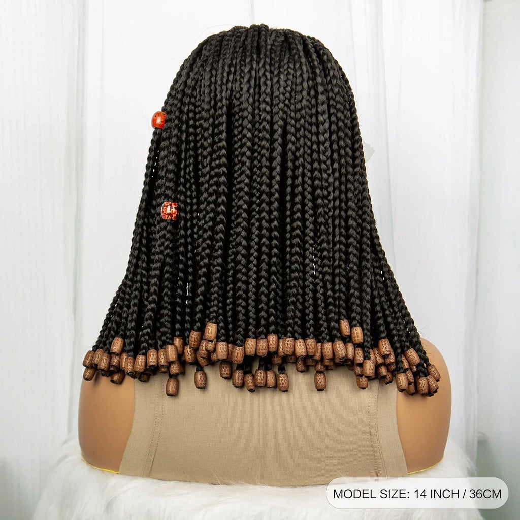 14" Short Bob Box Braided Wig with Beads | Knotless Braids | Synthetic Lace Front Wig | Baby Hair