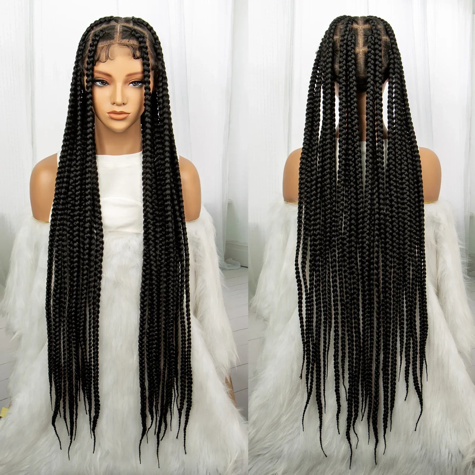 34" Knotless Box Braids Full Lace Wig | Transparent Lace | Long Black Synthetic Braids | Black Women