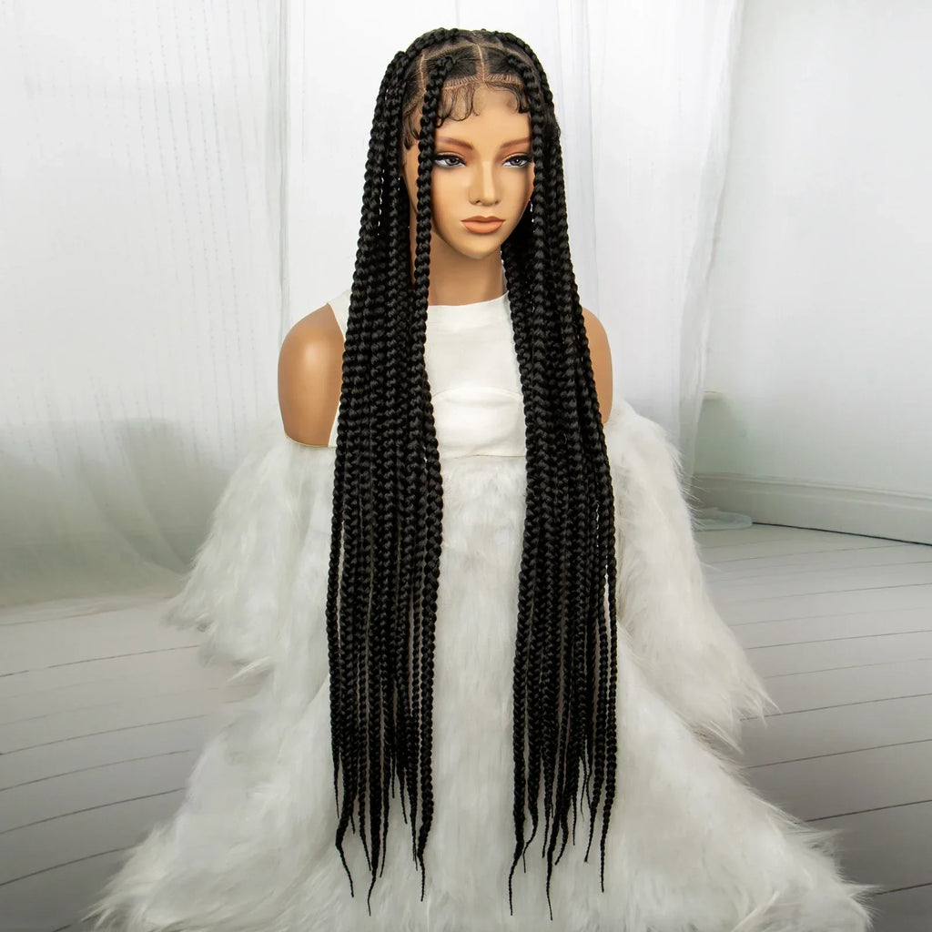 34" Knotless Box Braids Full Lace Wig | Transparent Lace | Long Black Synthetic Braids | Black Women