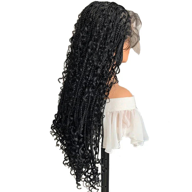 22" Curly End Box Braided Full Lace Front Wig | Goddess Locs | Bohemian Braids | Synthetic Wig