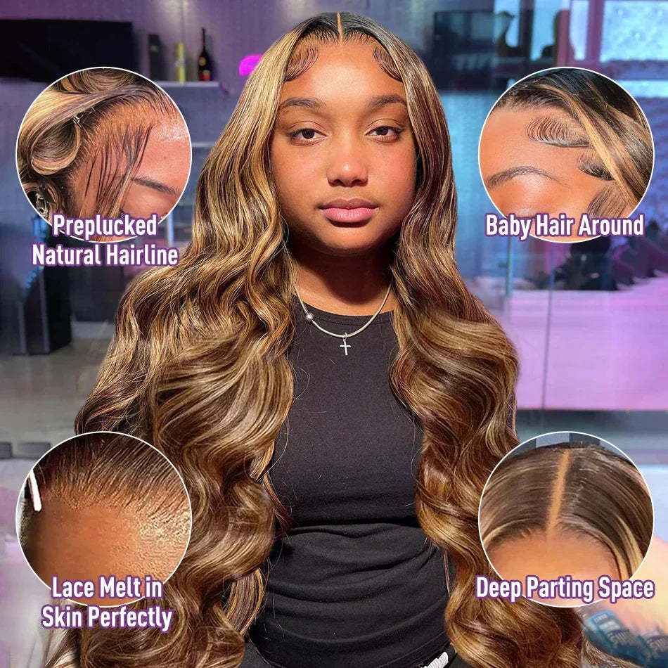 13x6 HD Transparent Body Wave Lace Front Wig | Highlighted Blonde 4/27 | Brazilian Remy Hair | Pre Plucked | Long Length