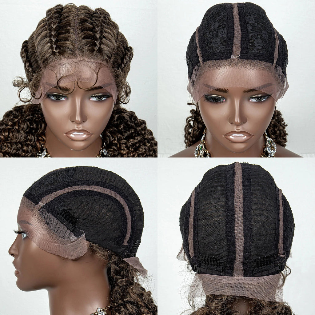22" Box Braids Full Lace Wig | Two Curly Ponytails | Baby Hair | Synthetic Braided Wig